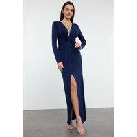 WOVCOR Women's Twist Front Long Sleeve Maxi Evening Dress in Navy | Size: 8