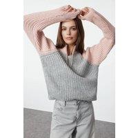 WOVCOR Women's Zip Funnel Neck Color Block Knit Jumper in Pink | Size: Small