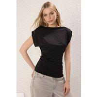 WOVCOR Women's Draped Shoulder Pad Jersey Top in Black | Size: XS