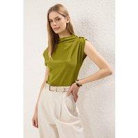 WOVCOR Women's Asymmetric Draped High Neck Sleeveless Top in Green | Size: XS