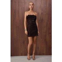 WOVCOR Women's Strapless Sequin Mini Party Dress with Floral Ruffle Detail in Brown | Size: 6