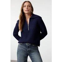 WOVCOR Women's Zip Collar Rib Knit Sweat Jumper in Navy | Size: Small