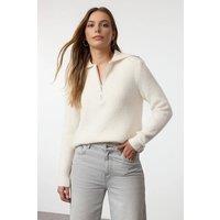 WOVCOR Women's Zip Collar Rib Knit Sweat Jumper in Ecru | Size: Small