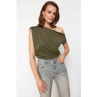 WOVCOR Women's Elegant Draped Asymmetric Evening Top in Khaki | Size: Large