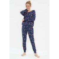 WOVCOR Women's Festive Print Long Sleeve Pyjama Co-Ord Set in Navy | Size: Small