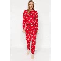 WOVCOR Women's Reindeer Print Long Sleeve Top & Jogger Pyjama Set in Red | Size: Medium