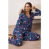 WOVCOR Women's Reindeer Print Long Sleeve Top & Wide Leg Lounge Pyjama Set in Navy | Size: XS