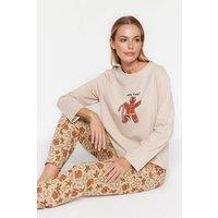 WOVCOR Women's Festive Gingerbread Print Two-Piece Long Sleeve Pyjama Set in Beige | Size: Small