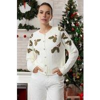 WOVCOR Women's Embellished Holly Leaf Knitted Christmas Cardigan | Size: Medium