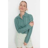 WOVCOR Women's Classic Cable Knit Polo Cardigan in Mint | Size: Small