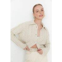 WOVCOR Women's Classic Cable Knit Polo Cardigan in Stone | Size: Small
