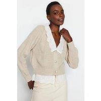 WOVCOR Women's Cable Knit Polo Collar Button Cardigan in Stone | Size: Large
