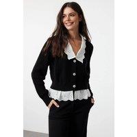 WOVCOR Women's Cable Knit Polo Collar Button Cardigan in Black | Size: Large