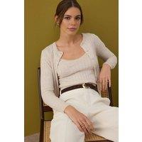 WOVCOR Women's Striped Knit Two Piece Crop Top & Cardigan Set in Beige | Size: Small