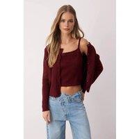 WOVCOR Women's Soft Knit Ribbed Cami & Long Sleeve Cardigan Set in Burgundy | Size: Small