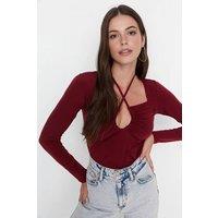 WOVCOR Women's Knit Blouse With Neck-Tie Detail in Burgundy | Size: XL
