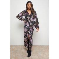 Oasis Women's Devore V Neck Puff Sleeve Midi Tea Dress in Floral | Size: 12