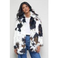 Warehouse Women's Premium Funnel Neck Mono Cow Print Faux Fur Coat | Size: 8
