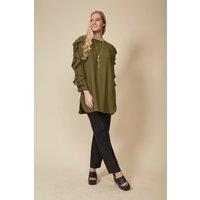 HOXTON GAL Women's Oversized Ruffle Detailed Long Sleeves Tunic in Khaki | Size: 8-10