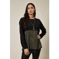 HOXTON GAL Women's Oversized Long Sleeves Crew Neck Colour Block Blouse in Khaki | Size: 12-14