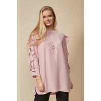 HOXTON GAL Women's Oversized Ruffle Detailed Long Sleeves Tunic in Pink | Size: 12-14