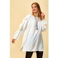 HOXTON GAL Women's Oversized Ruffle Detailed Long Sleeves Tunic in White | Size: 12-14