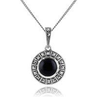 Gemondo Women's Art Deco Style Round Black Onyx Cabochon & Marcasite Pendant in 925 Sterling Silver | Size: 18 inches