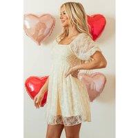 Everyday The Label Women's Apricot Sequined Lace Mesh Bubble Sleeve Square Neck Dress Mini in Beige | Size: Medium