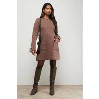 Oasis Women's Fringe Detail Crew Neck Mini Dress in Mocha | Size: Small