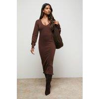 Oasis Women's Scallop Neck Knitted Midi Dress in Chocolate | Size: Small