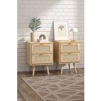 H&O Direct Set of 2 Wood & Rattan Side Cabinet Bedside Cabinet in Natural