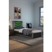 SlumberWorx Galaxy Ottoman Storage LED Headboard Gaming Single Black Bed Frame in Grey