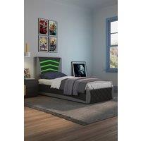 SlumberWorx Galaxy Ottoman Storage LED Headboard Gaming Single Black Bed Frame w 15cm Comfort Foam Mattress in Grey