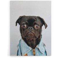 Artery8 Deluvio Pug Puppy Dog In Jacket Canvas Wall Art Print in Light Grey | Size: W24 x H32