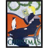 Artery8 Vintage Christmas Woman With Cat Framed Canvas Wall Art Print E Penfield in Red | Size: W24 x H32