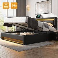 BTM PU-Lychee 4ft6 Double Bed with USB Charging & LED Storage in Black