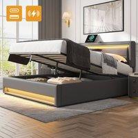 BTM PU-Lychee 4ft6 Double Bed with USB Charging & LED Storage in Grey