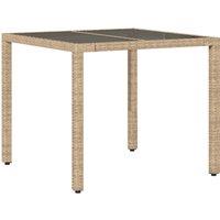 Berkfield Home Garden Table with Glass Top Beige 90x90x75 cm Poly Rattan | Size: 90 x 90 x 75 cm