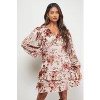 Oasis Women's Devore Tiered Puff Sleeve Mini Tea Dress in Rose | Size: 14