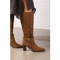 Where's That From Women's 'Jolisa' Suede Buckle Strap Knee High Boots Block Heel Pointed Toe in Brown | Size: 4
