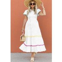 Everyday The Label Women's White Colorblock Rickrack Trim Short Sleeve Drawstring Waist Long | Size: Small