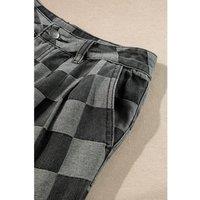 Everyday The Label Women's Dark Grey Checkered Denim Wide Leg Jeans | Size: 14