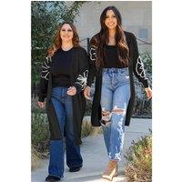 Everyday The Label Women's Black Flower Embroidered Drop Shoulder Open Front Duster Cardigan | Size: Large