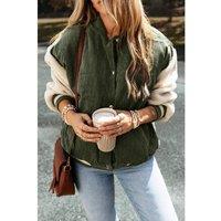 Everyday The Label Women's Mist Green Corduroy Fleece Patchwork Buttoned Bomber Jacket | Size: Large