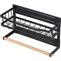Living and Home Magnetic Fridge Storage Rack Shelf Organiser with Hooks & Roll Holder in Black