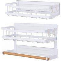 Living and Home 2-Piece Magnetic Fridge Storage Shelf Set Spice Rack Organiser with Roll Holder & Hooks in White | Size: 2 Pack
