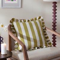 Furn Linen Stripe Printed Ruffle Cushion in Olive | Size: 50 cm x 50 cm