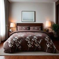 Snug City Duvet Cover & Pillowcase Set Floral Leaf Design Polycotton Bed Linen in Brown | Size: Super King