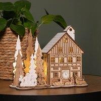Samuel Alexander 16cm Battery Operated Light up Wooden House Scene with Christmas Trees & Warm White LEDs in Brown