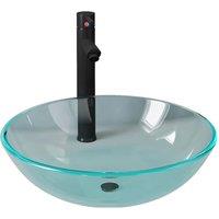 Berkfield Home Bathroom Sink with Tap & Push Drain Clear Tempered Glass in Black